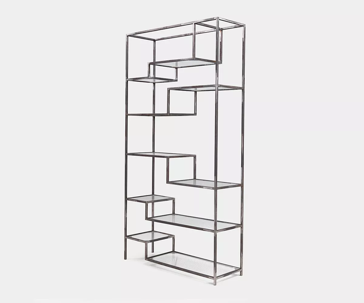 ASPER Regal aus Metall Seitenaufnahmen eines Regales aus Metall mit Ablagen aus Glas