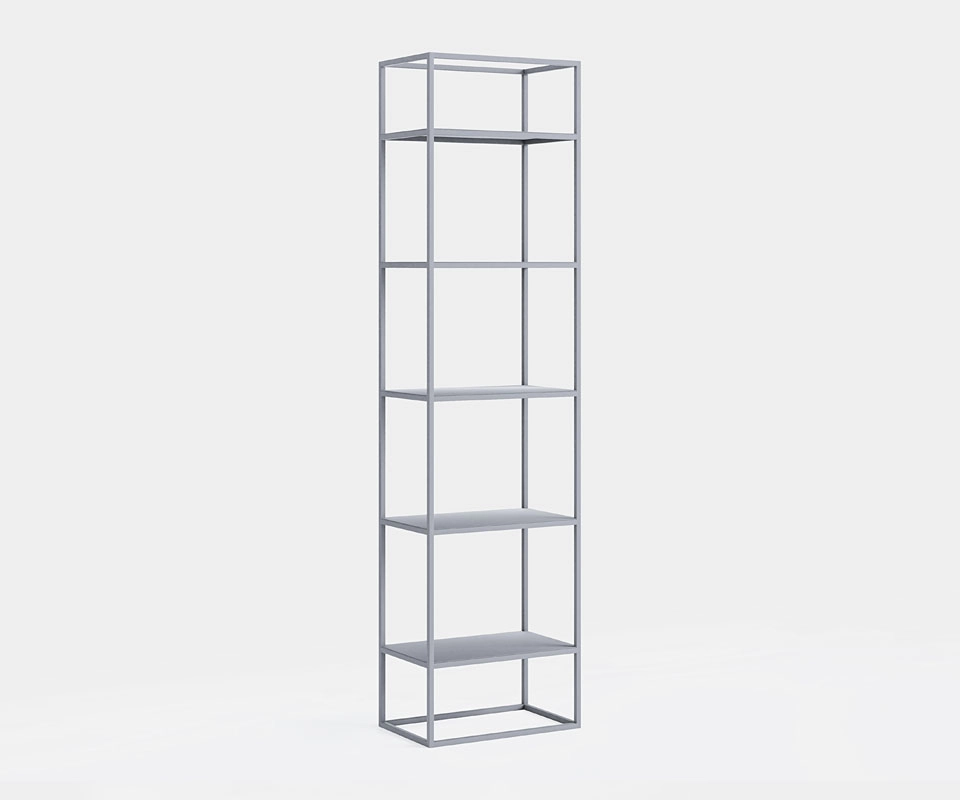 Narrow grey metal shelving unit, 50 cm wide, in a modern living space