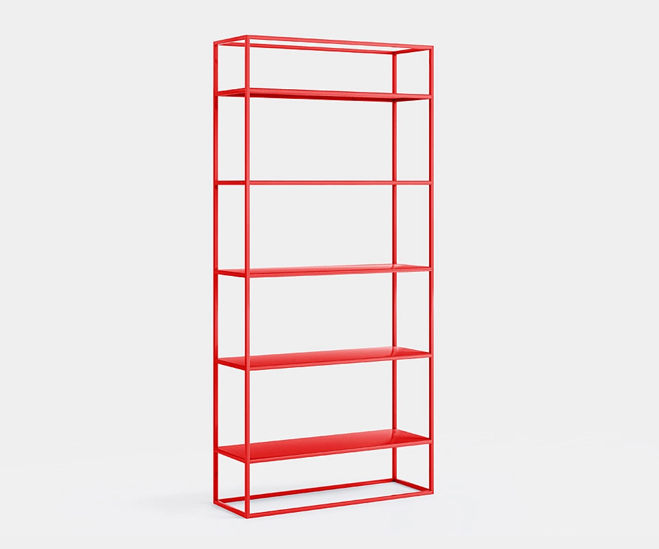 Side view of slim 90 cm red metal shelf, minimalist and delicate.