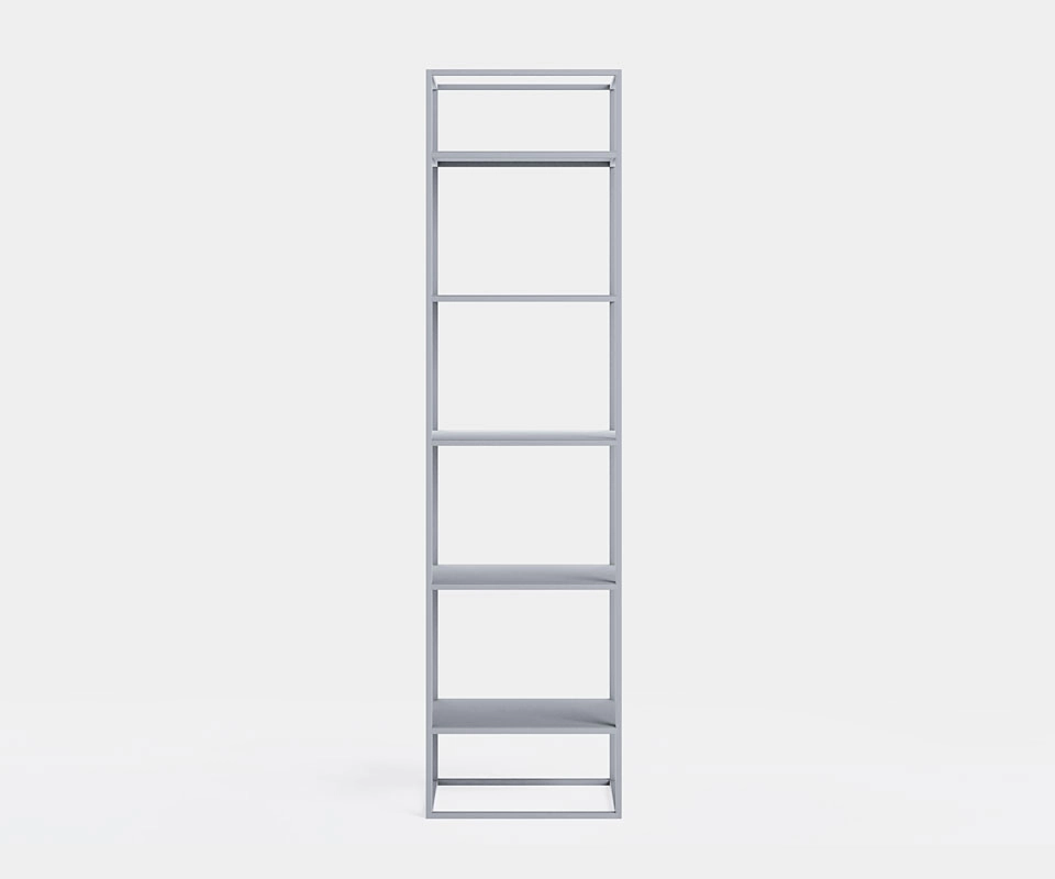 Side view of modern narrow metal shelf in grey, 50 cm wide.
