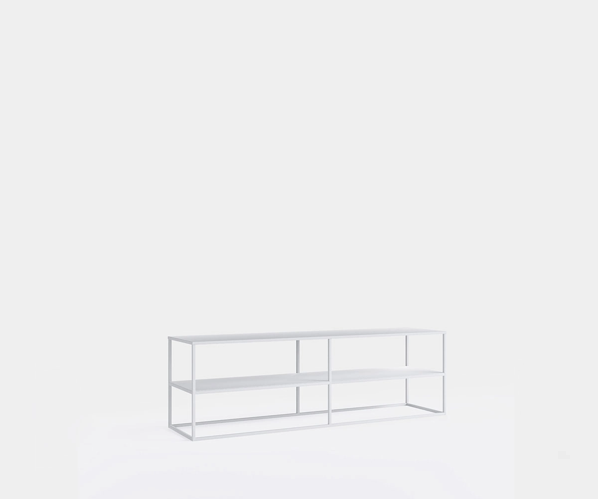 TV Tisch aus Metall 200 cm Weiss Offenes Fernsehregal aus Metall 200 cm Weiss