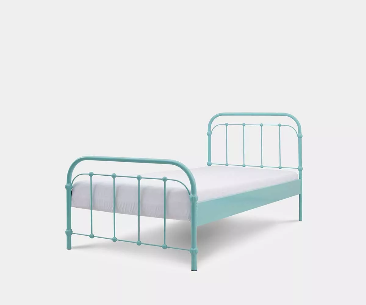 AMITA Einzelbett aus Metall in Türkis Ein Vintage Einzelbett aus Metall in Farbe Türkis