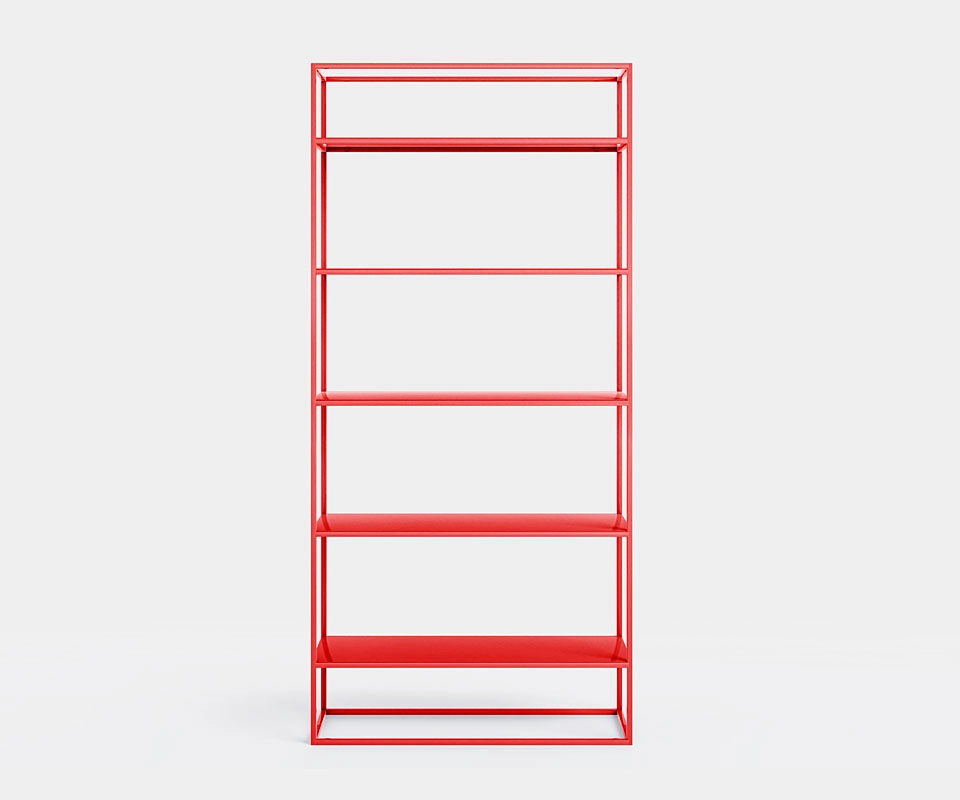 Open minimalist red shelving unit, 90 cm wide, filigree steel design.